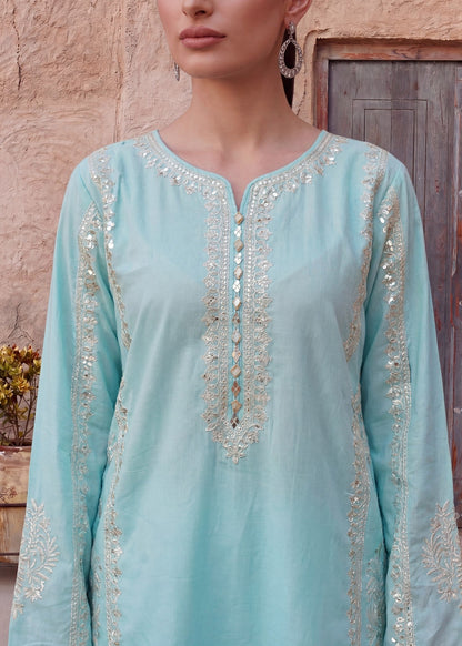 Pakistani Designer Ice Blue Embroidered Lawn Suit Online in KSA Riyadh Saudi Arabia Oman Bahrain Qatar