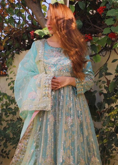 Pakistani Designer Ice Blue Net Maxi Dress Online in KSA Riyadh Saudi Arabia Oman Bahrain Qatar