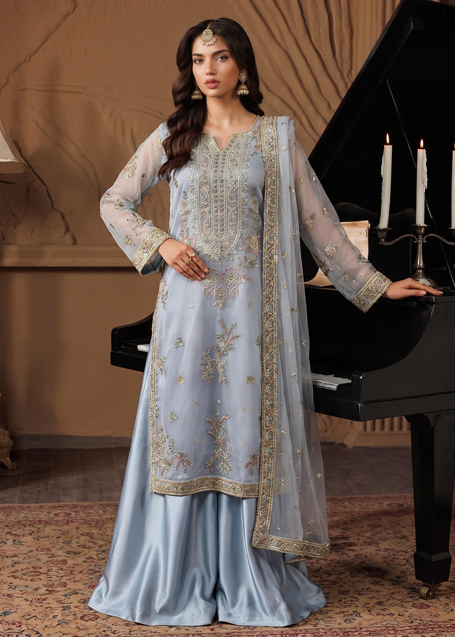 Pakistani Designer Ice Blue Net Sharara Gharara Online in KSA Riyadh Saudi Arabia Oman Bahrain Qatar