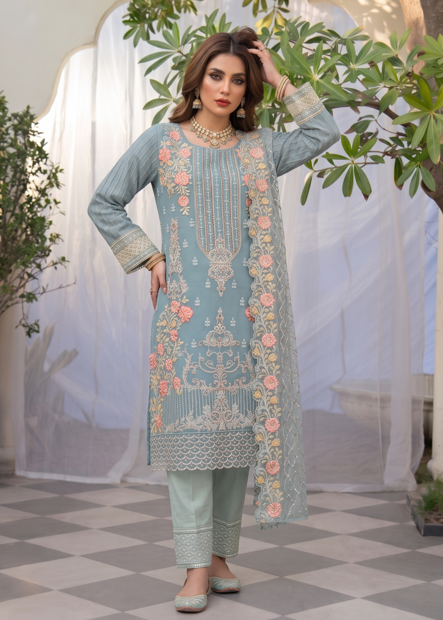 Pakistani Designer Ice Blue Organza Salwar Kameez Online in KSA Riyadh Saudi Arabia Oman Bahrain Qatar