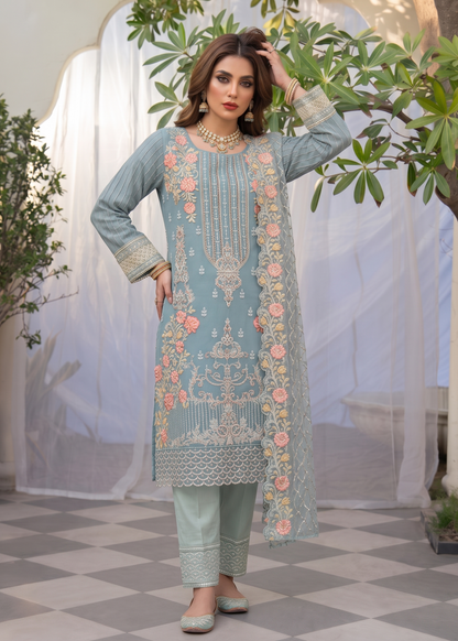Pakistani Designer Ice Blue Organza Salwar Kameez Online in KSA Riyadh Saudi Arabia Oman Bahrain Qatar