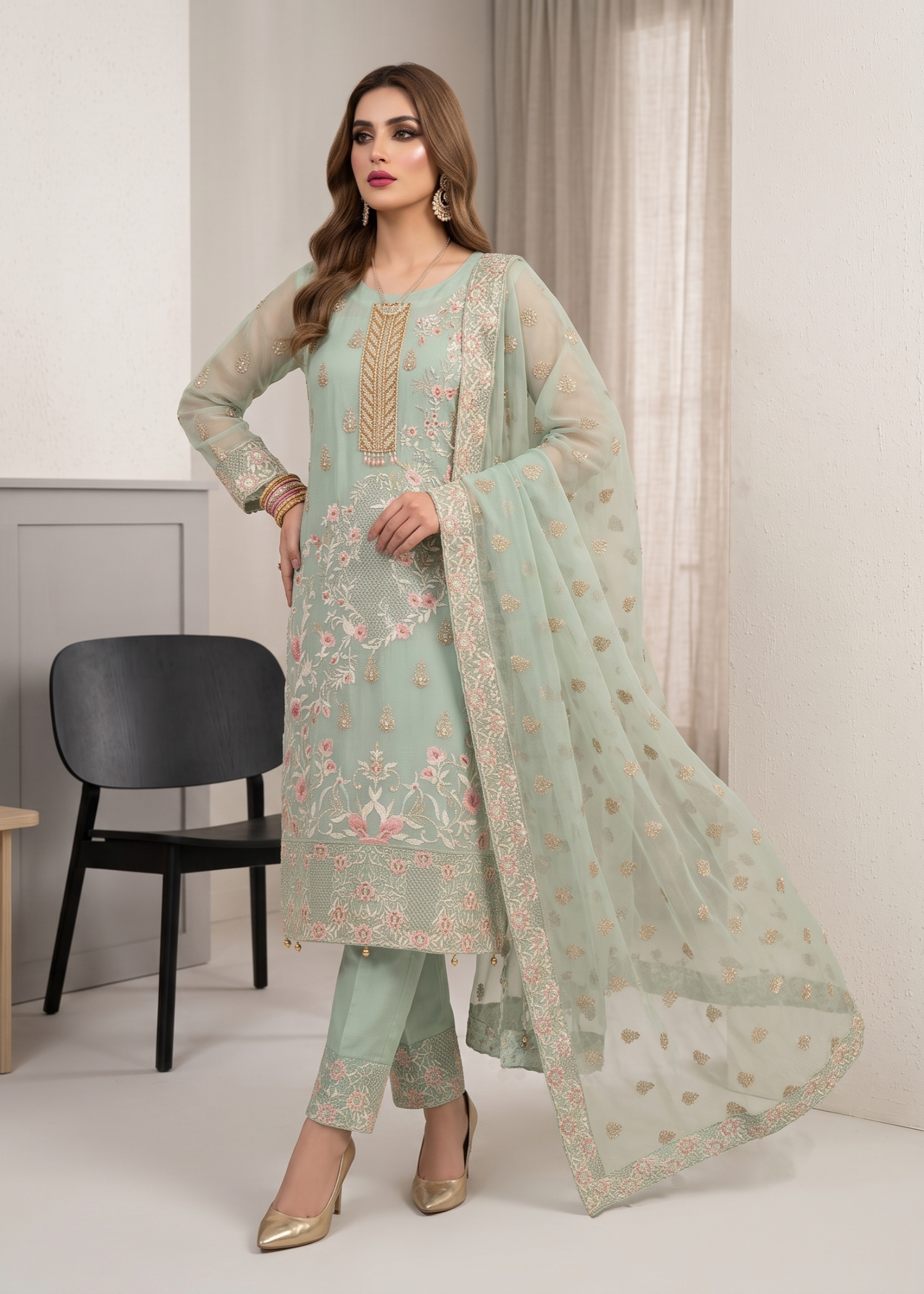Pakistani Designer Ice Blue Organza Salwar Kameez Online in KSA Riyadh Saudi Arabia Oman Bahrain Qatar