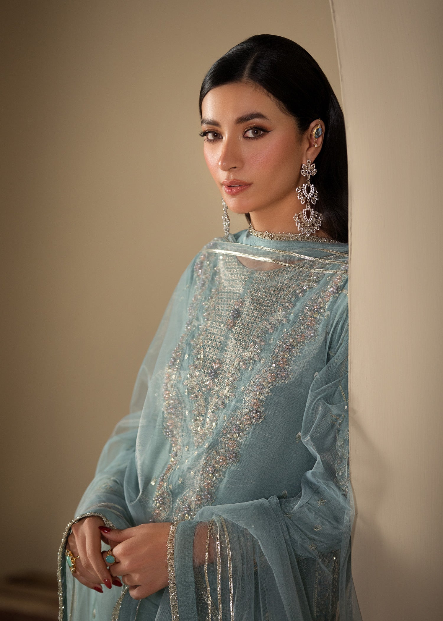 Pakistani Designer Ice Blue Raw Silk Salwar Kameez Online in KSA Riyadh Saudi Arabia Oman Bahrain Qatar