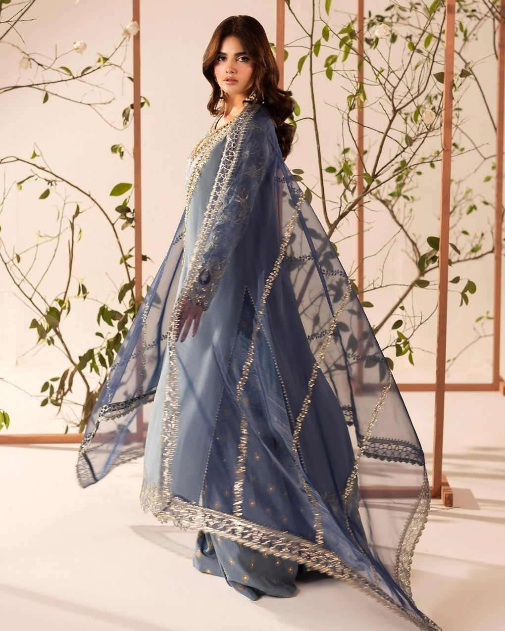 Pakistani Designer Ice Blue Raw Silk Sharara Gharara Online in KSA Riyadh Saudi Arabia Oman Bahrain Qatar