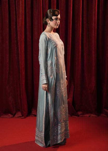 Pakistani Designer Ice Blue Silk Salwar Kameez with Chiffon Dupatta Online in KSA Riyadh Saudi Arabia Oman Bahrain Qatar