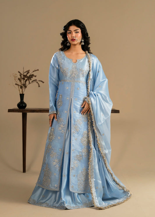 Pakistani Designer Ice Blue Tissue Silk Sharara Online in KSA Riyadh Saudi Arabia Oman Bahrain Qatar