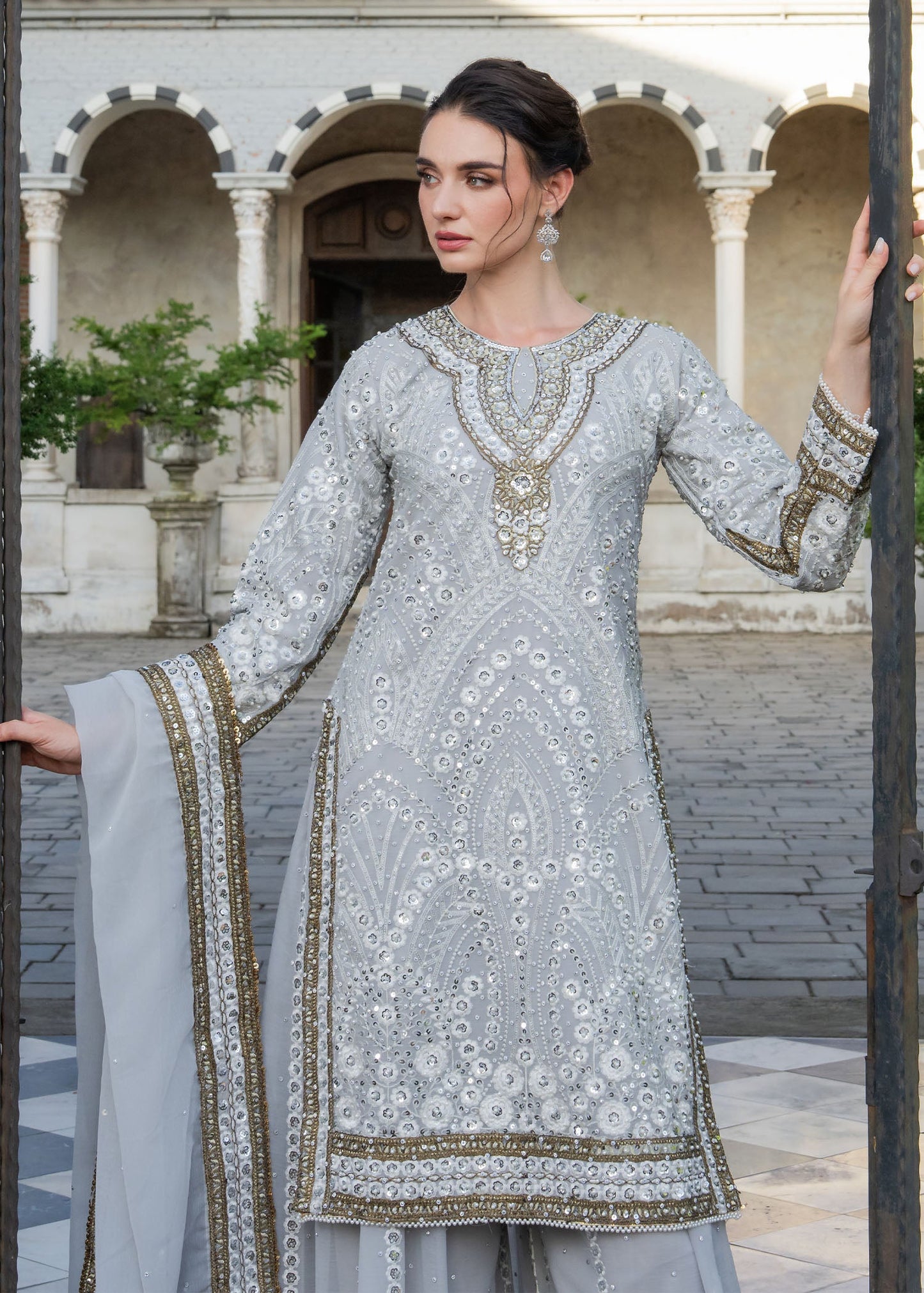 Pakistani Designer Ice Grey Chiffon Shalwar Kameez Online in KSA Riyadh Saudi Arabia Oman Bahrain Qatar