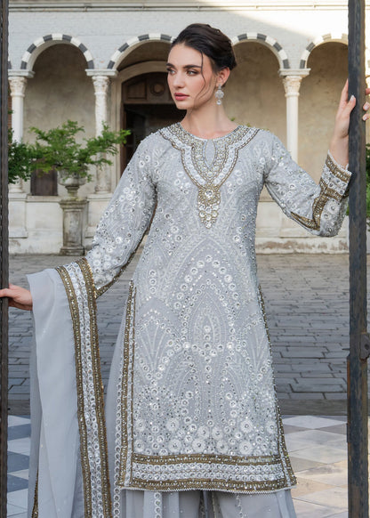 Pakistani Designer Ice Grey Chiffon Shalwar Kameez Online in KSA Riyadh Saudi Arabia Oman Bahrain Qatar