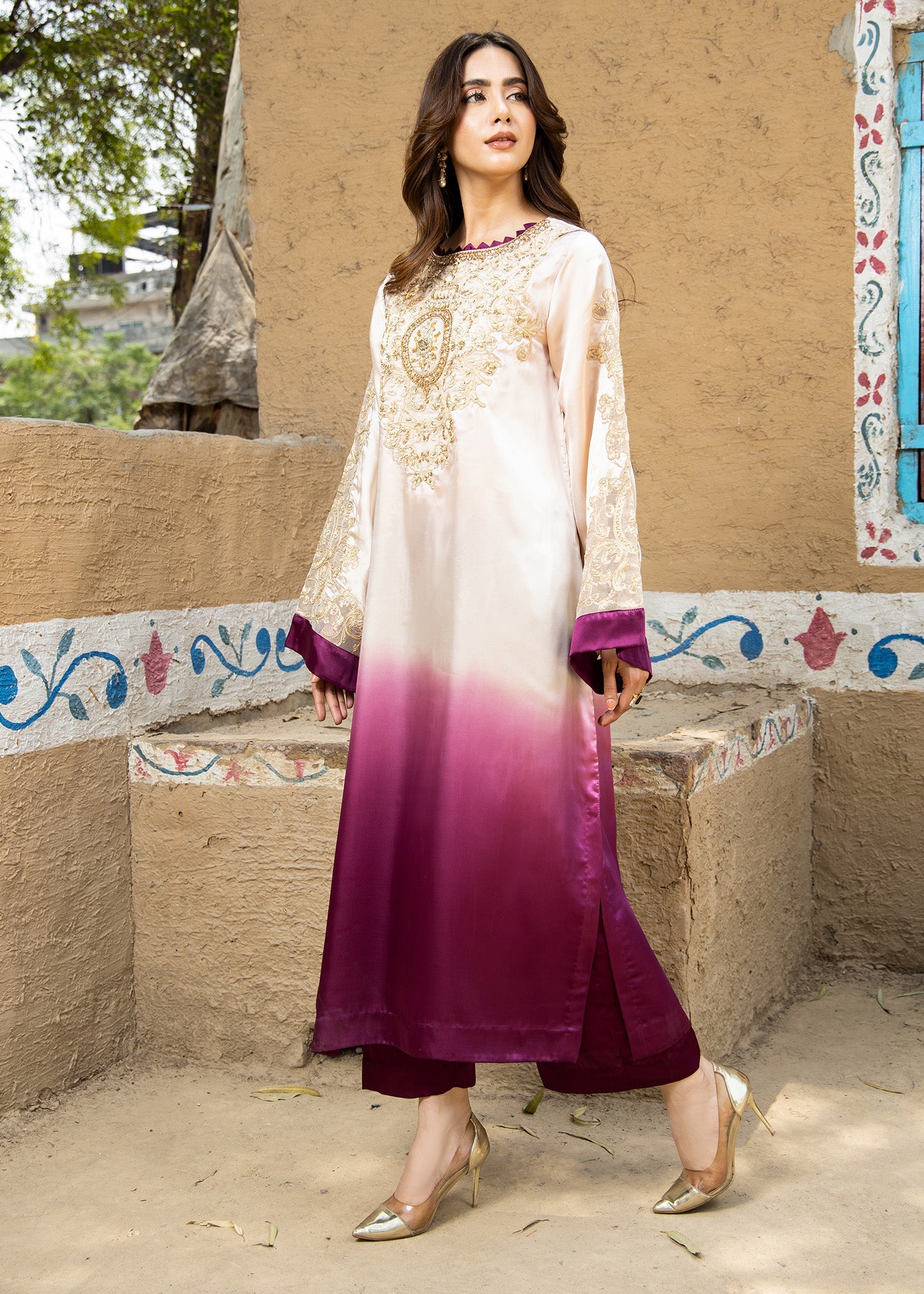 Pakistani Designer Ivory Charmuse Kaftan Set Online in UK USA Canada