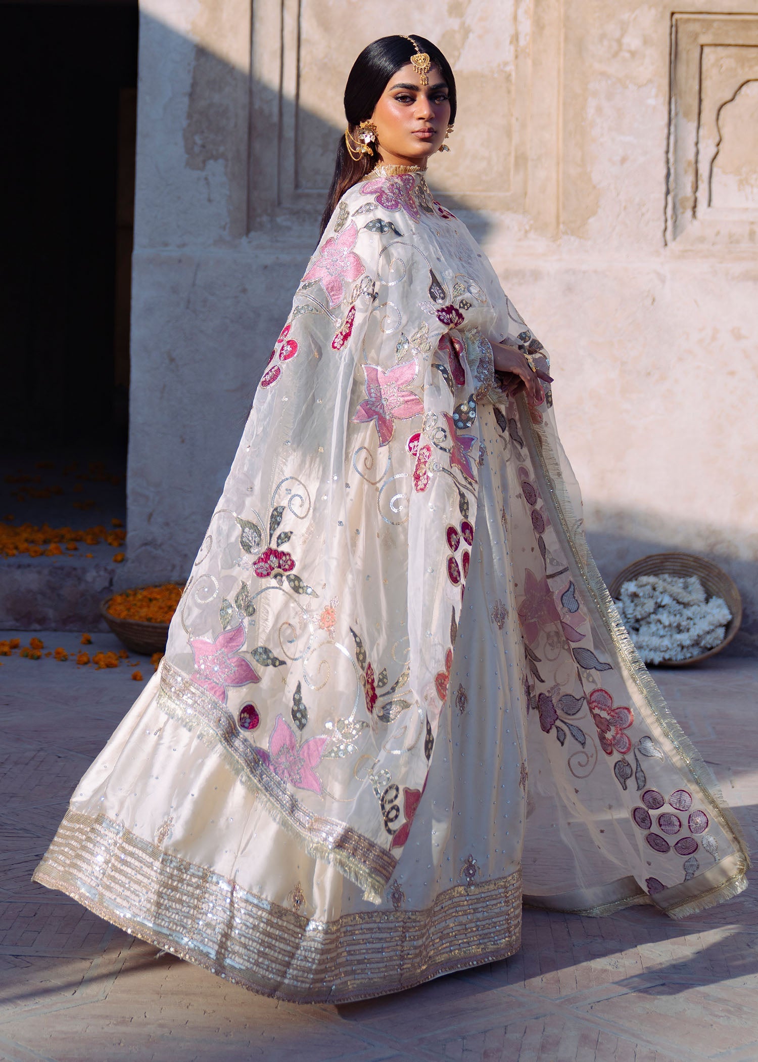 Pakistani Designer Ivory Charmuse Wedding Suit Online in KSA Riyadh Saudi Arabia Oman Bahrain Qatar