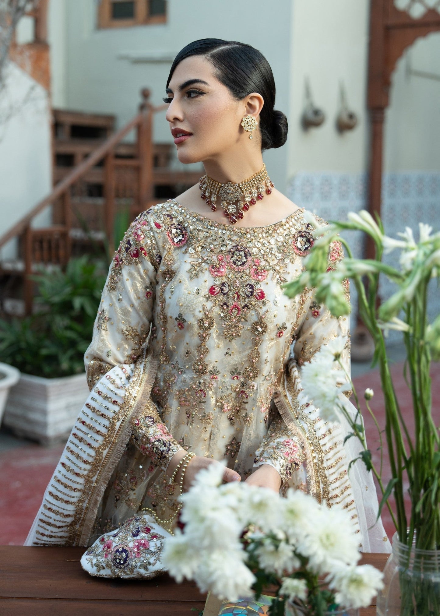 Pakistani Designer Ivory Chiffon Anarkali Pishwas Online in KSA Riyadh Saudi Arabia Oman Bahrain Qatar