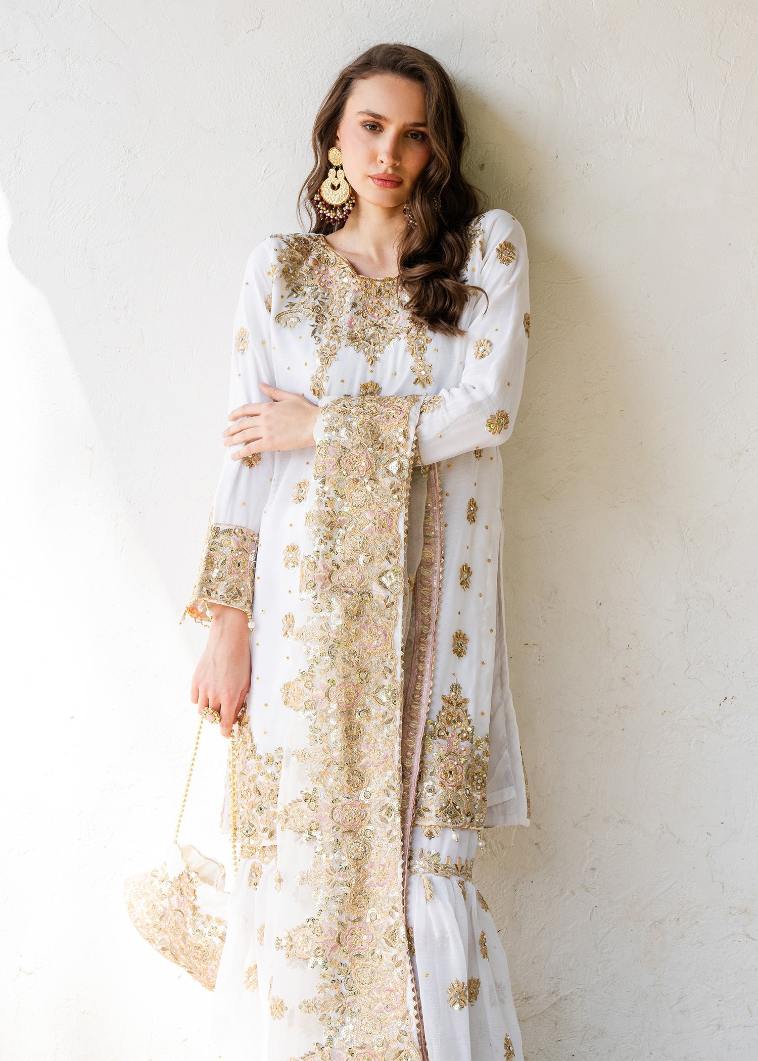 Pakistani Designer Ivory Chiffon Gharara Salwar Kameez Online in KSA Riyadh Saudi Arabia Oman Bahrain Qatar