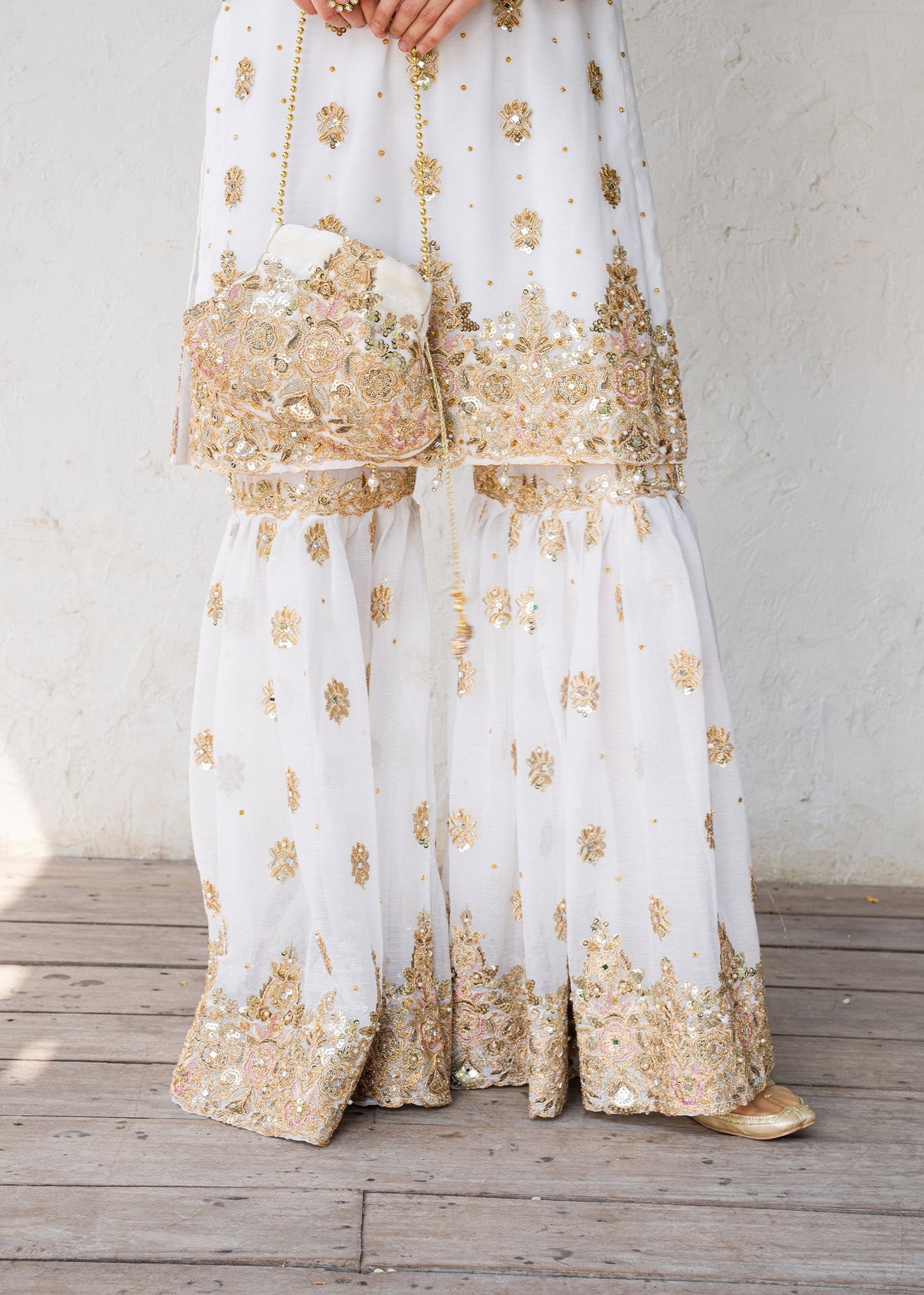 Pakistani Designer Ivory Chiffon Gharara Salwar Kameez Online in KSA Riyadh Saudi Arabia Oman Bahrain Qatar