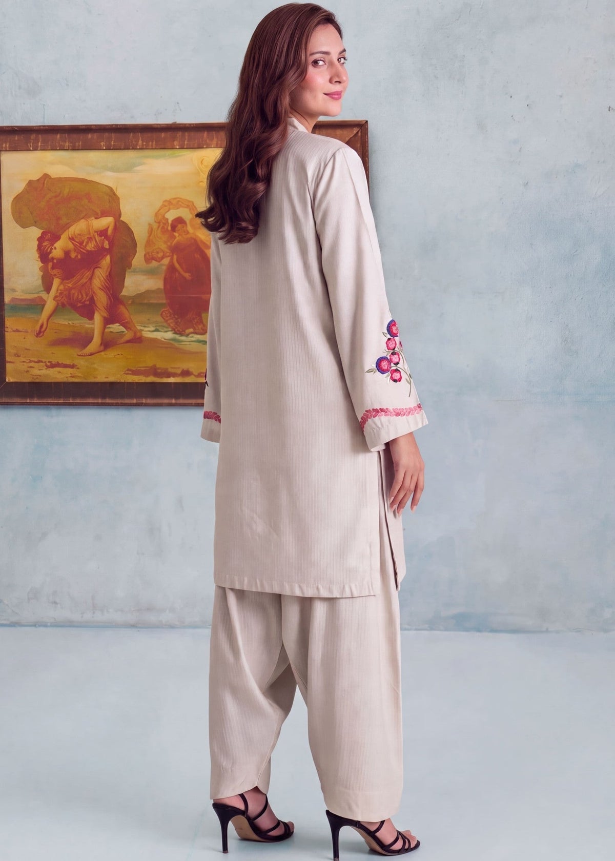 Pakistani Designer Ivory Dhanak Kurta Set Online in KSA Riyadh Saudi Arabia Oman Bahrain Qatar