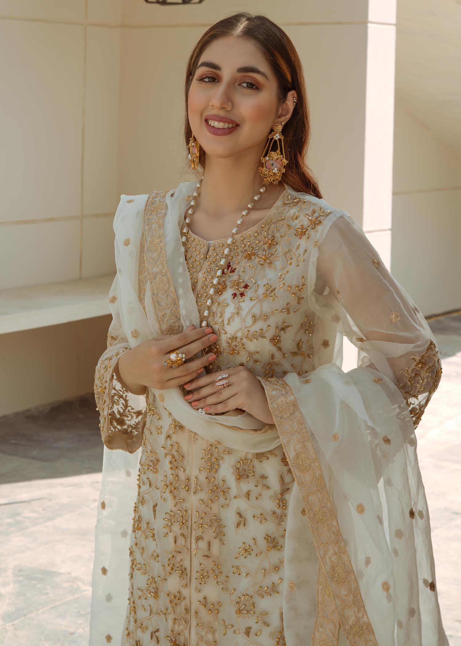 Pakistani Designer Ivory Embellished Organza Suit Online in KSA Riyadh Saudi Arabia Oman Bahrain Qatar