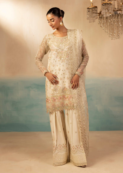 Pakistani Designer Ivory Embroidered Organza Salwar Kameez Online in KSA Riyadh Saudi Arabia Oman Bahrain Qatar