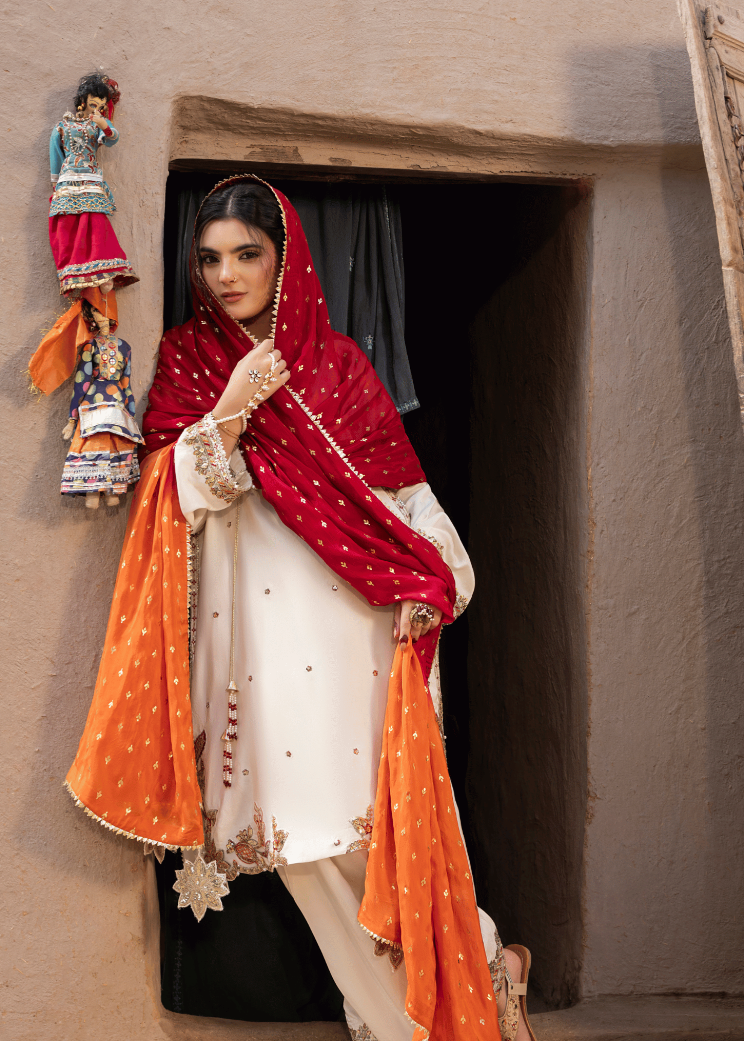 Pakistani Designer Ivory Embroidered Silk Salwar Kameez Online in KSA Riyadh Saudi Arabia Oman Bahrain Qatar