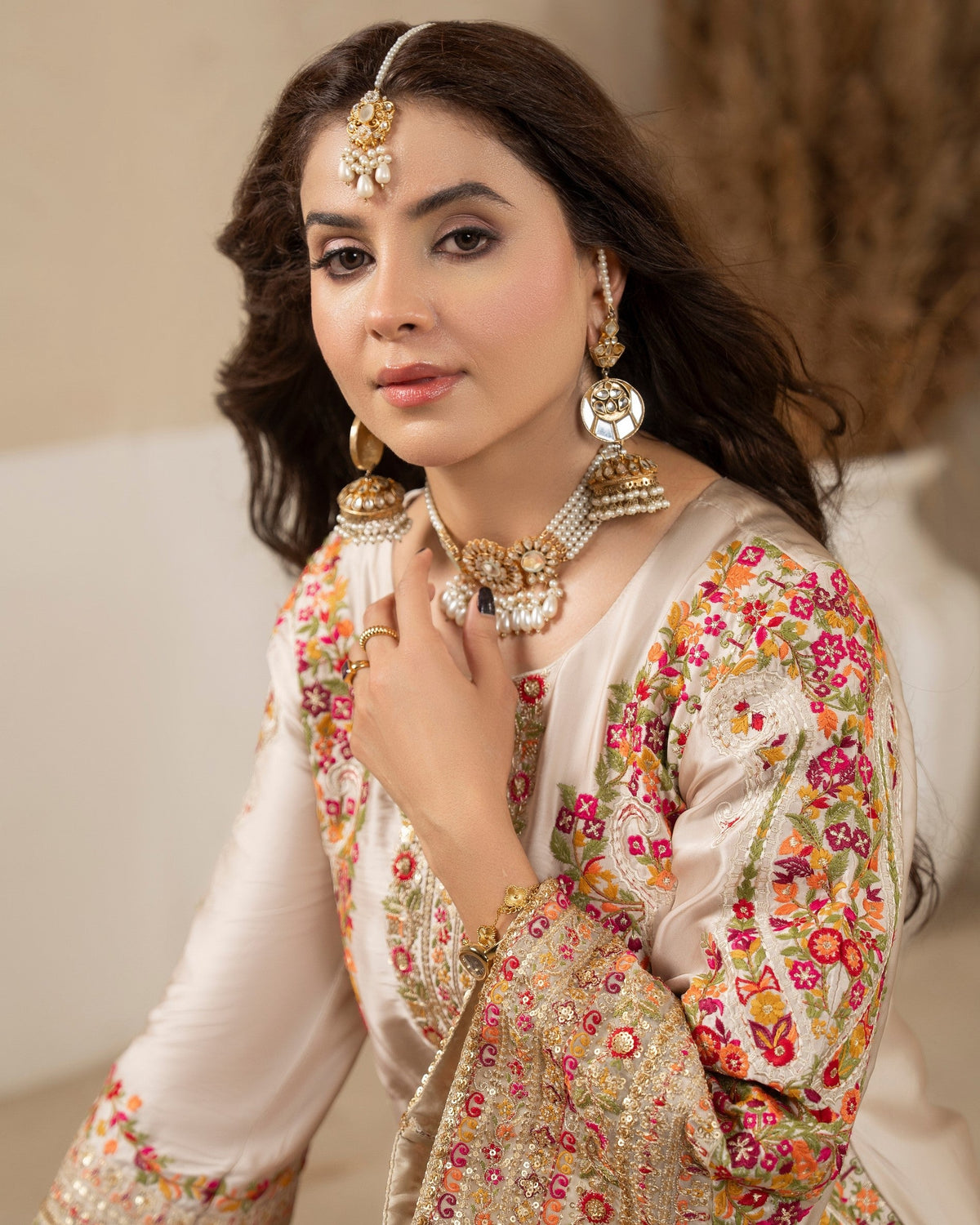 Pakistani Designer Ivory Embroidered Silk Suit Online in Sri Lanka India Australia