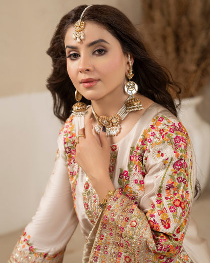 Pakistani Designer Ivory Embroidered Silk Suit Online in Sri Lanka India Australia