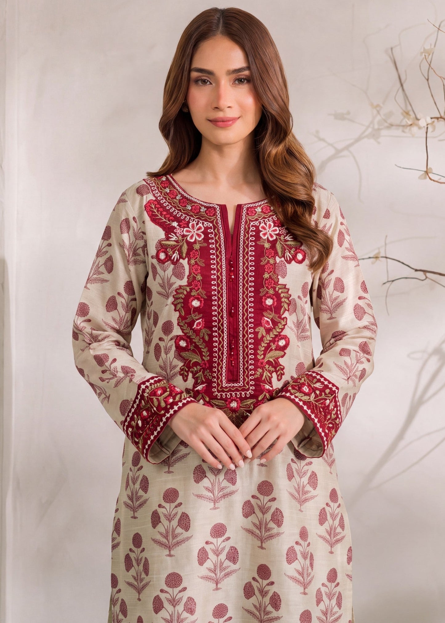 Pakistani Designer Ivory Kaftan Embroidered Khaddar Online in UK USA Canada