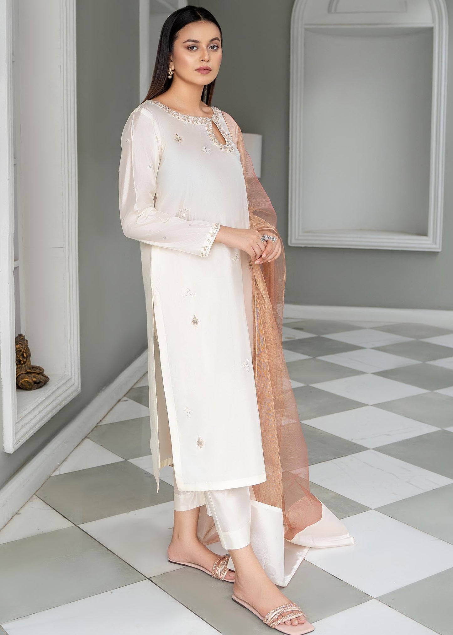 Pakistani Designer Ivory Kattan Silk Salwar Suit Online in KSA Riyadh Saudi Arabia Oman Bahrain Qatar