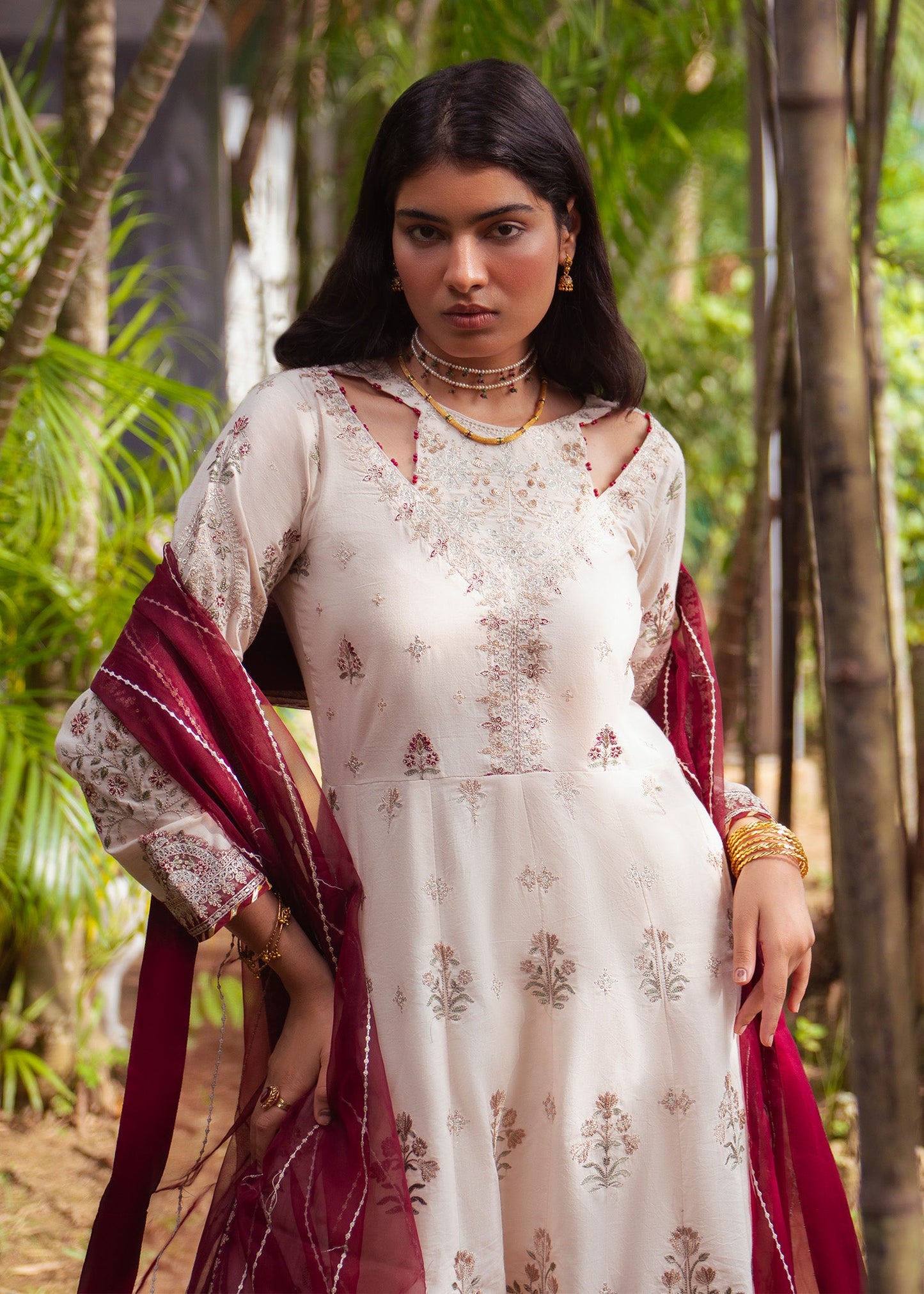 Pakistani Designer Ivory Lawn Embroidered Maxi Dress Online in KSA Riyadh Saudi Arabia Oman Bahrain Qatar