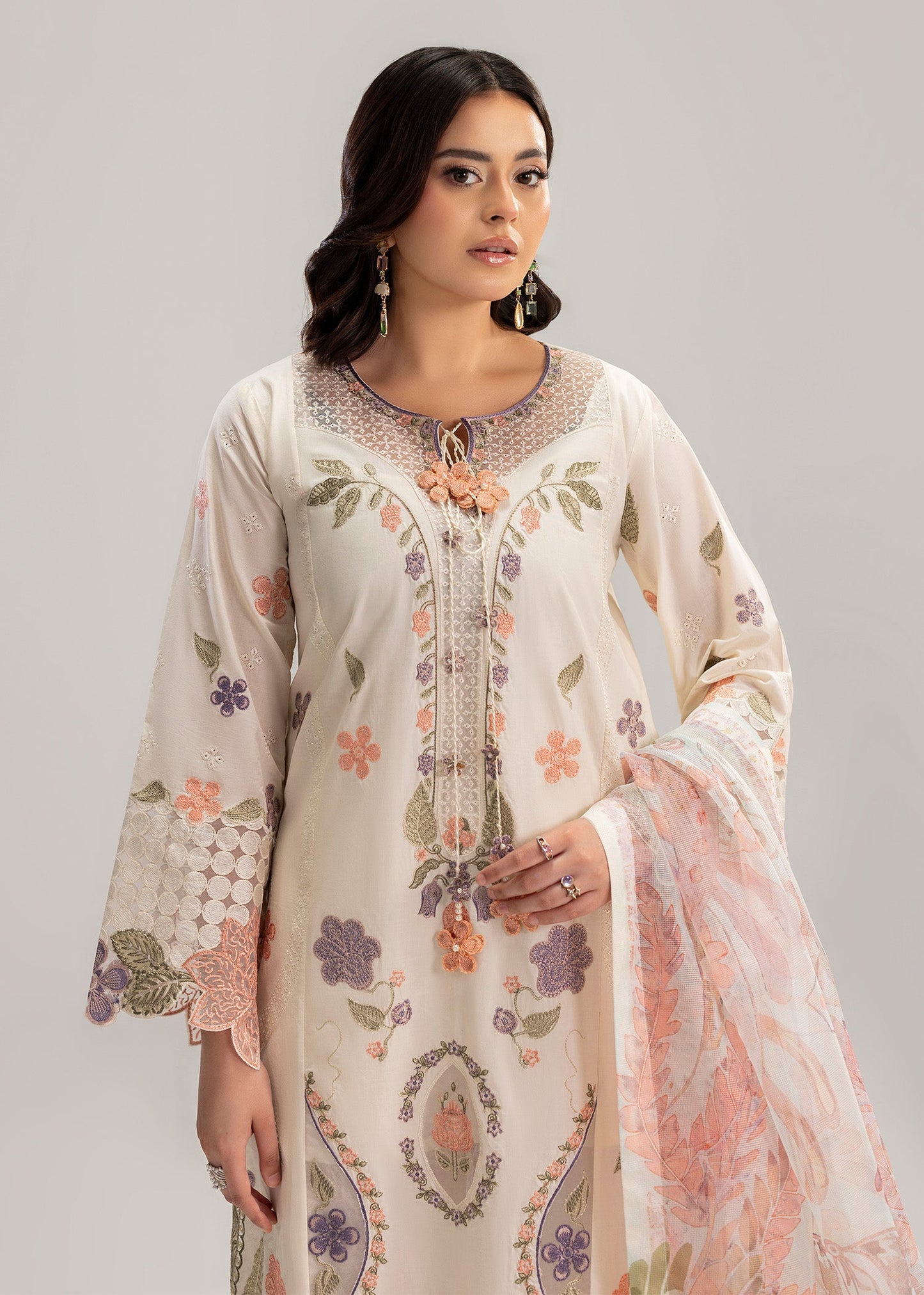 Pakistani Designer Ivory Lawn Festive Suit with Organza Dupatta Online in KSA Riyadh Saudi Arabia Oman Bahrain Qatar