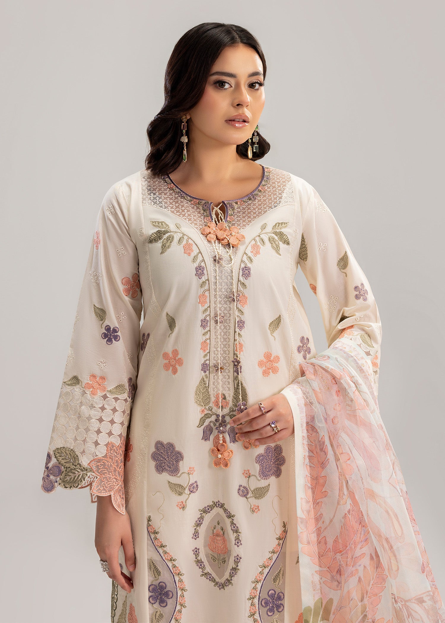 Pakistani Designer Ivory Lawn Festive Suit with Organza Dupatta Online in KSA Riyadh Saudi Arabia Oman Bahrain Qatar