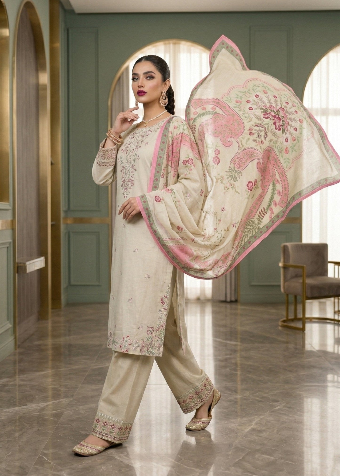 Pakistani Designer Ivory Lawn Suit Online in Sri Lanka India Australia