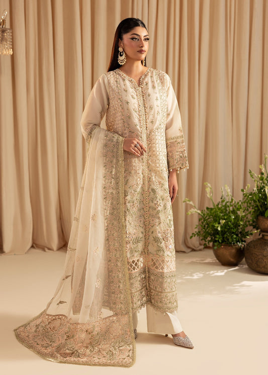 Pakistani Designer Ivory Organza Embroidered Suit Online in KSA Riyadh Saudi Arabia Oman Bahrain Qatar