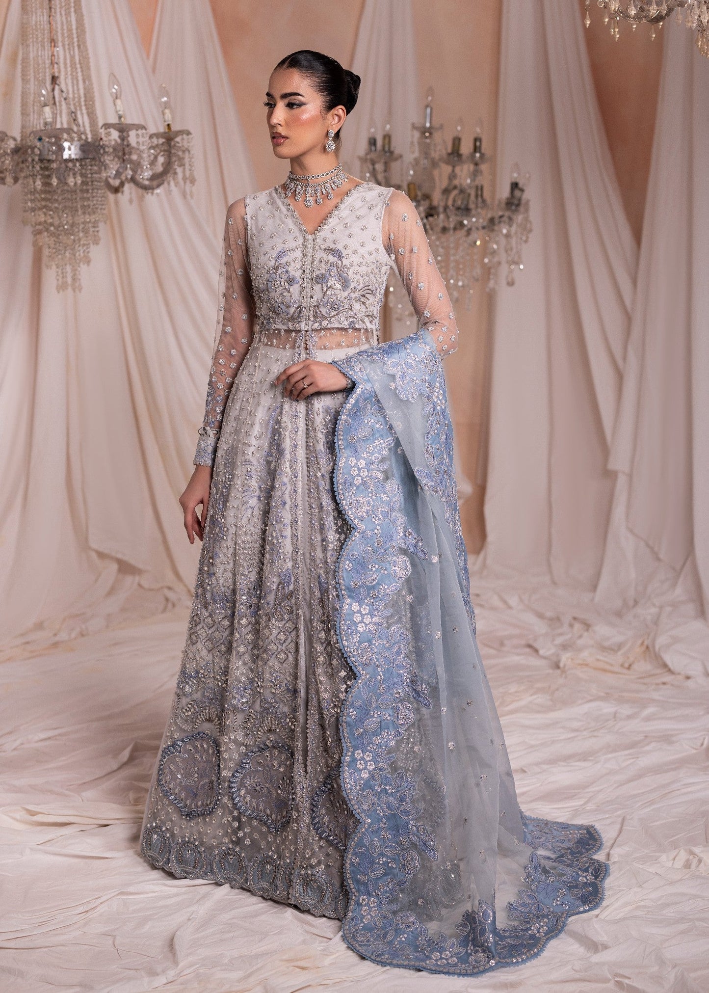 Pakistani Designer Ivory Organza Suit Online in KSA Riyadh Saudi Arabia Oman Bahrain Qatar