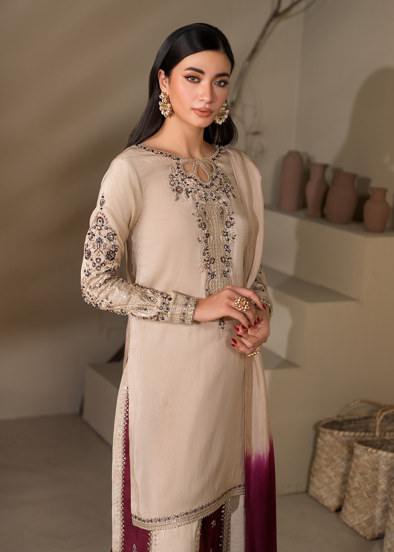 Pakistani Designer Ivory Silk Sharara Gharara Online in KSA Riyadh Saudi Arabia Oman Bahrain Qatar