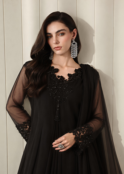 Pakistani Designer Jet Black Chiffon Salwar Kameez Online in KSA Riyadh Saudi Arabia Oman Bahrain Qatar