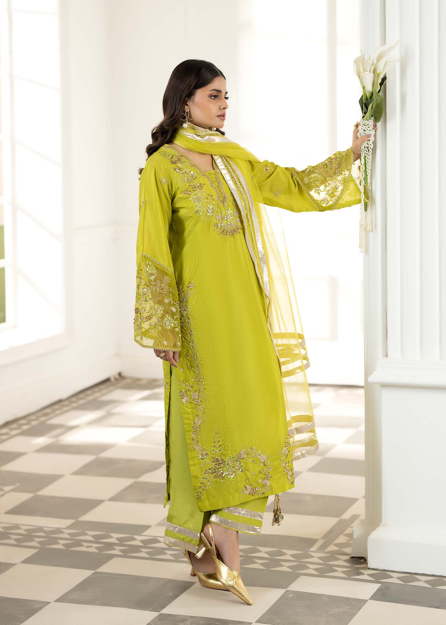 Pakistani Designer Key Lime Silk Kurta Sharara Online in KSA Riyadh Saudi Arabia Oman Bahrain Qatar