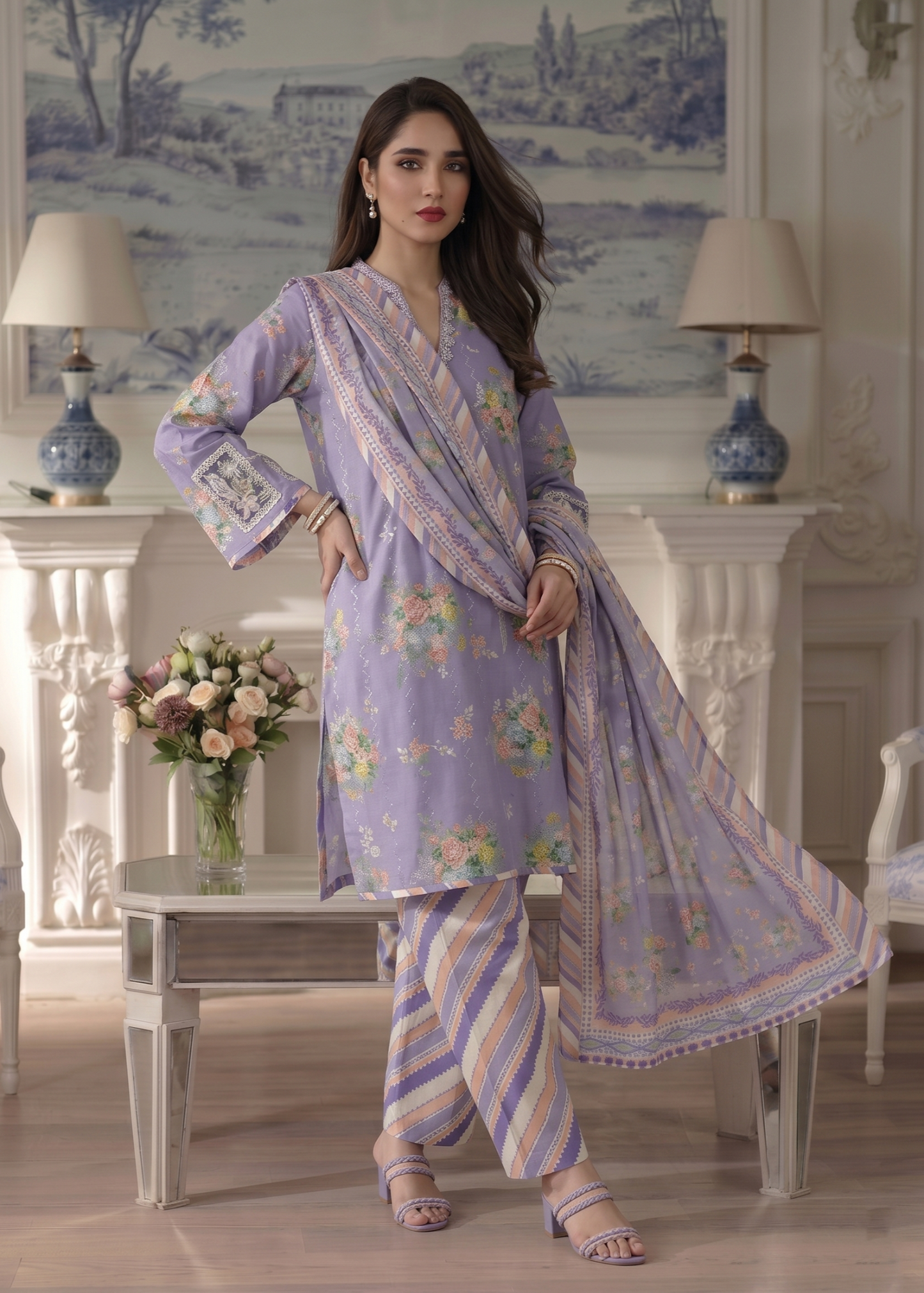 Pakistani Designer Lavender Grey Lawn Salwar Kameez Online in KSA Riyadh Saudi Arabia Oman Bahrain Qatar