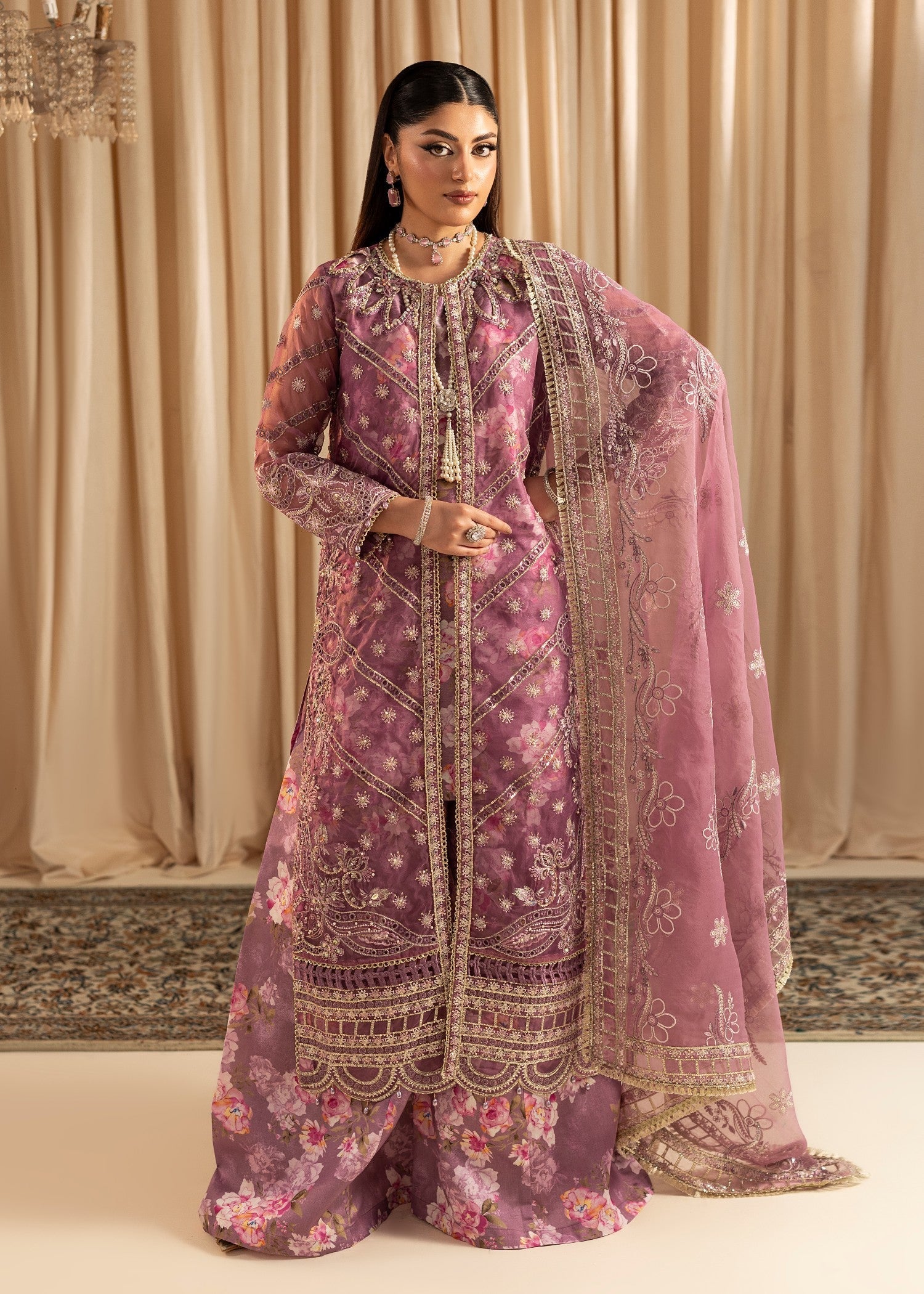 Pakistani Designer Lavender Organza Salwar Kameez Online in KSA Riyadh Saudi Arabia Oman Bahrain Qatar
