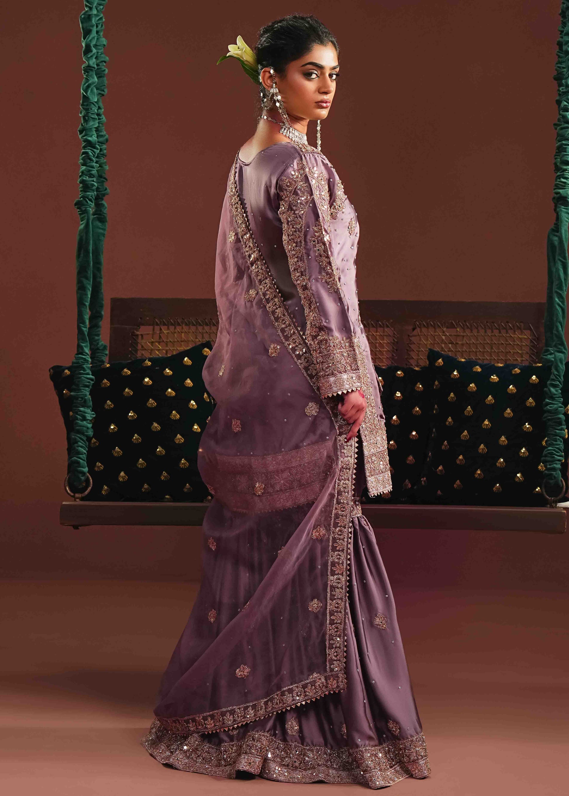 Pakistani Designer Lavender Silk Gharara Salwar Kameez Online in KSA Riyadh Saudi Arabia Oman Bahrain Qatar