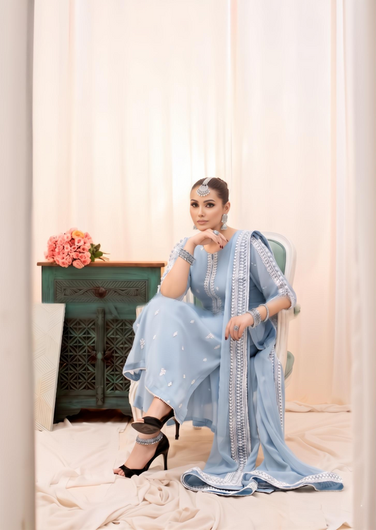 Pakistani Designer Light Blue Chiffon Salwar Kameez Online in KSA Riyadh Saudi Arabia Oman Bahrain Qatar