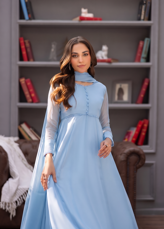 Pakistani Designer Light Blue Chiffon Salwar Kameez Online in KSA Riyadh Saudi Arabia Oman Bahrain Qatar