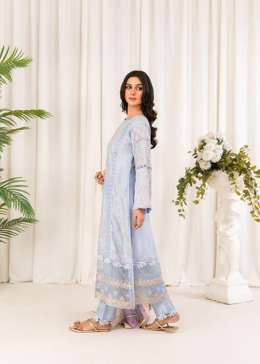 Pakistani Designer Light Blue Cotton Silk Suit Online in KSA Riyadh Saudi Arabia Oman Bahrain Qatar