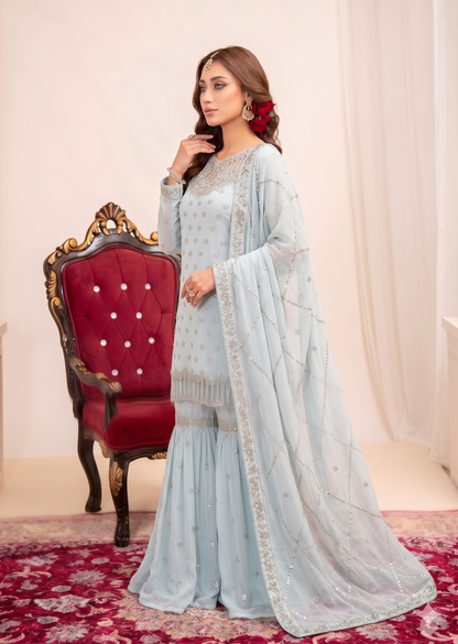 Pakistani Designer Light Blue Embroidered Gharara Suit Online in KSA Riyadh Saudi Arabia Oman Bahrain Qatar