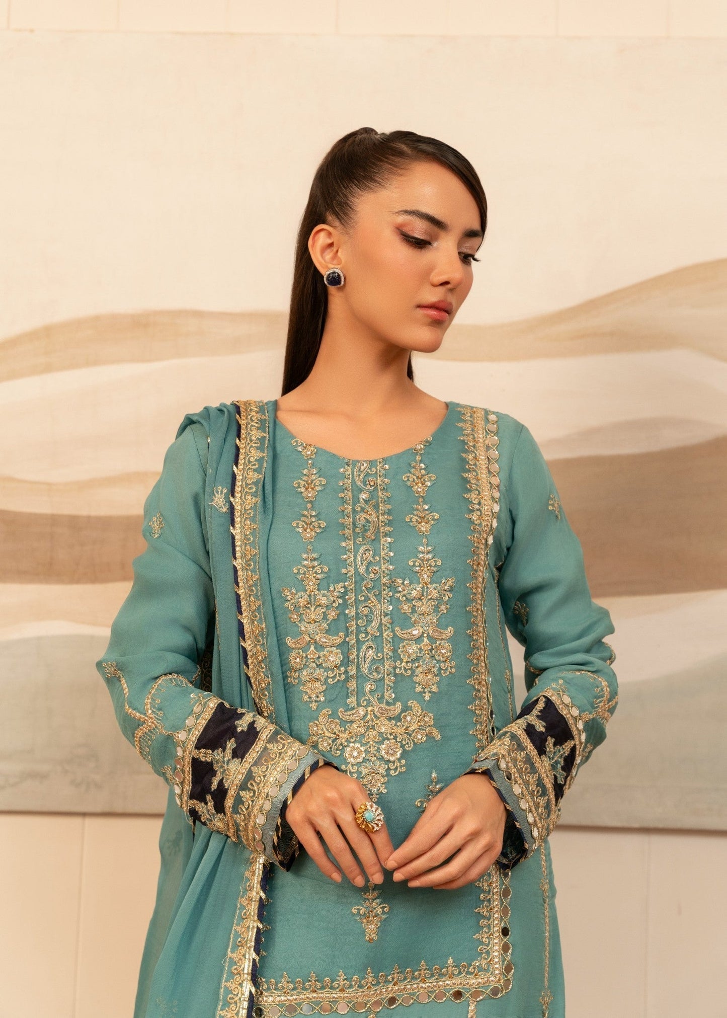 Pakistani Designer Light Blue Embroidered Kurta Set Online in KSA Riyadh Saudi Arabia Oman Bahrain Qatar