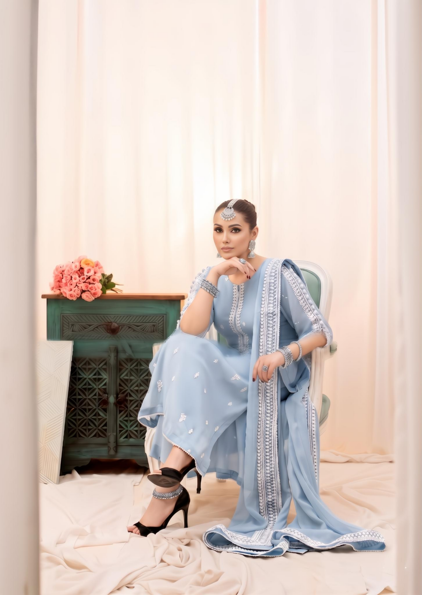 Pakistani Designer Light Blue Embroidered Suit Online in KSA Riyadh Saudi Arabia Oman Bahrain Qatar