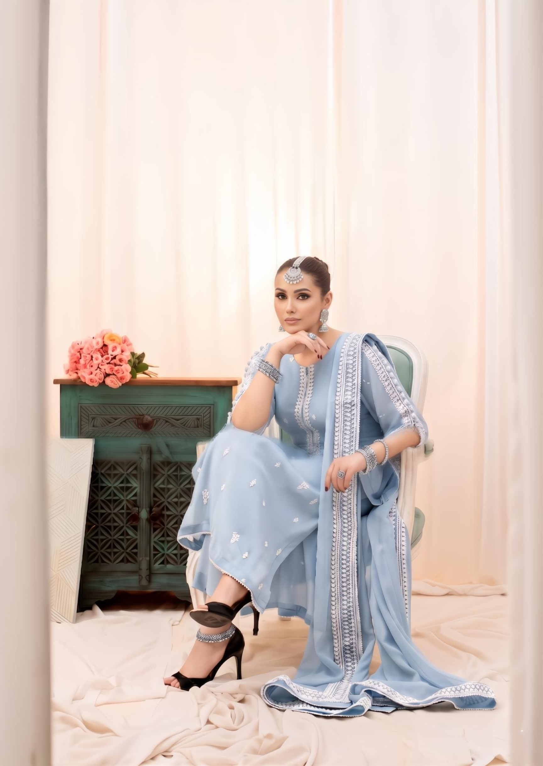 Pakistani Designer Light Blue Embroidered Suit Online in KSA Riyadh Saudi Arabia Oman Bahrain Qatar