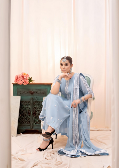 Pakistani Designer Light Blue Embroidered Suit Online in KSA Riyadh Saudi Arabia Oman Bahrain Qatar