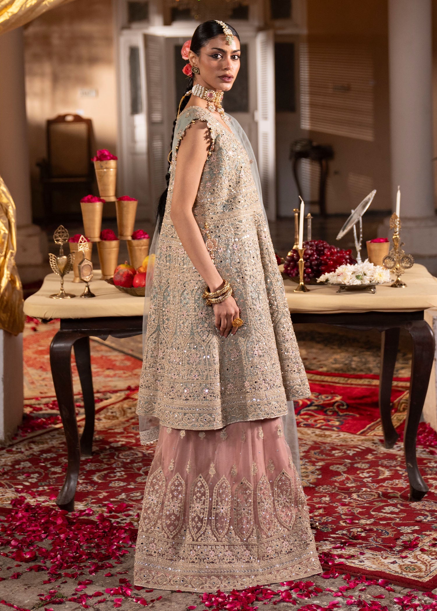 Pakistani Designer Light Blue Net Sharara Gharara Online in KSA Riyadh Saudi Arabia Oman Bahrain Qatar
