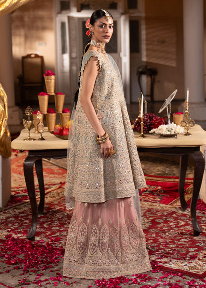 Pakistani Designer Light Blue Net Sharara Gharara Online in KSA Riyadh Saudi Arabia Oman Bahrain Qatar