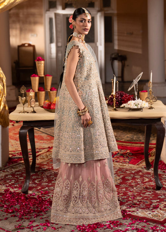 Pakistani Designer Light Blue Net Sharara Gharara Online in KSA Riyadh Saudi Arabia Oman Bahrain Qatar