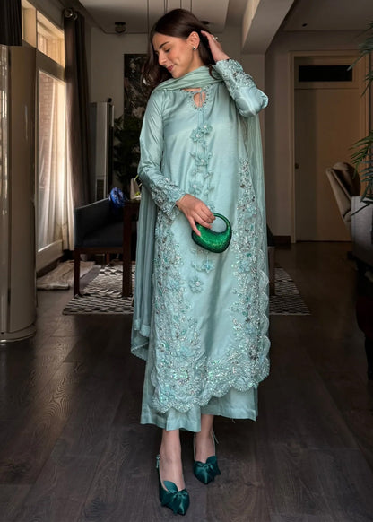 Pakistani Designer Light Blue Raw Silk Salwar Kameez Online in KSA Riyadh Saudi Arabia Oman Bahrain Qatar
