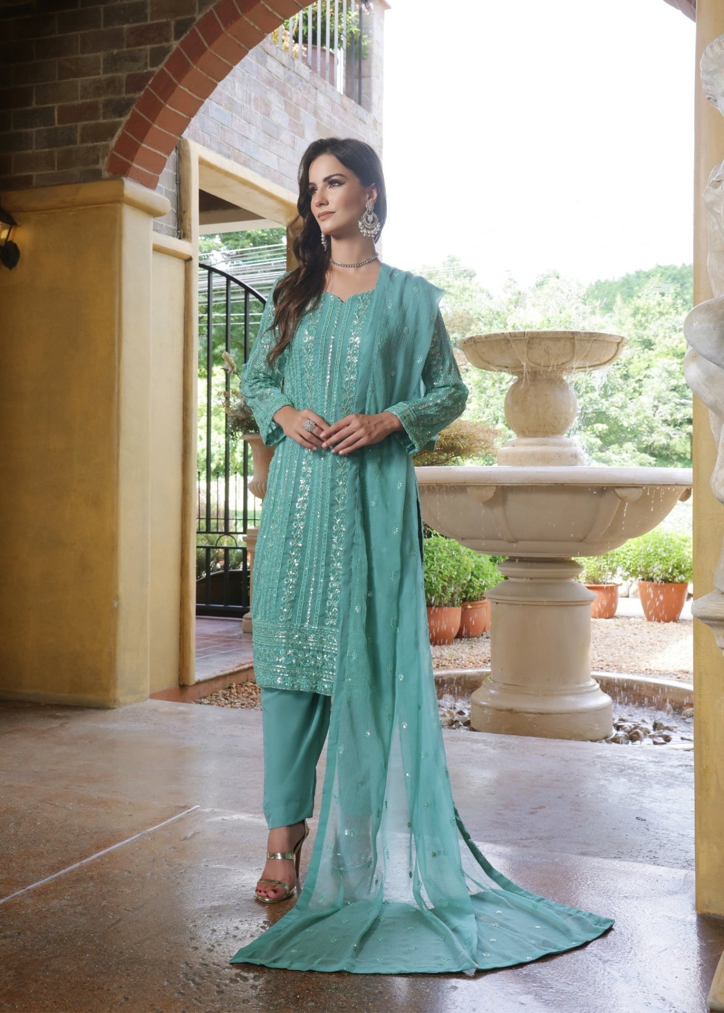 Pakistani Designer Light Cyan Chiffon Salwar Kameez Online in KSA Riyadh Saudi Arabia Oman Bahrain Qatar
